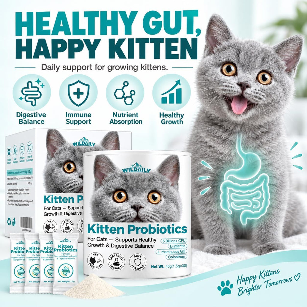 Kitten Probiotics with Colostrum, 5 Billion CFU Cat Probiotic Powder with B. infantis + L. rhamnosus GG, Digestive & Immune Support for Growing Kittens, 30 Daily Stick Pack