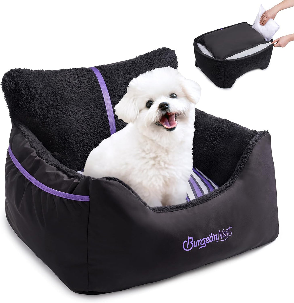 BurgeonNest Dog Car Seat for Small Dogs & Cats Under 25 lbs, Black Purple
