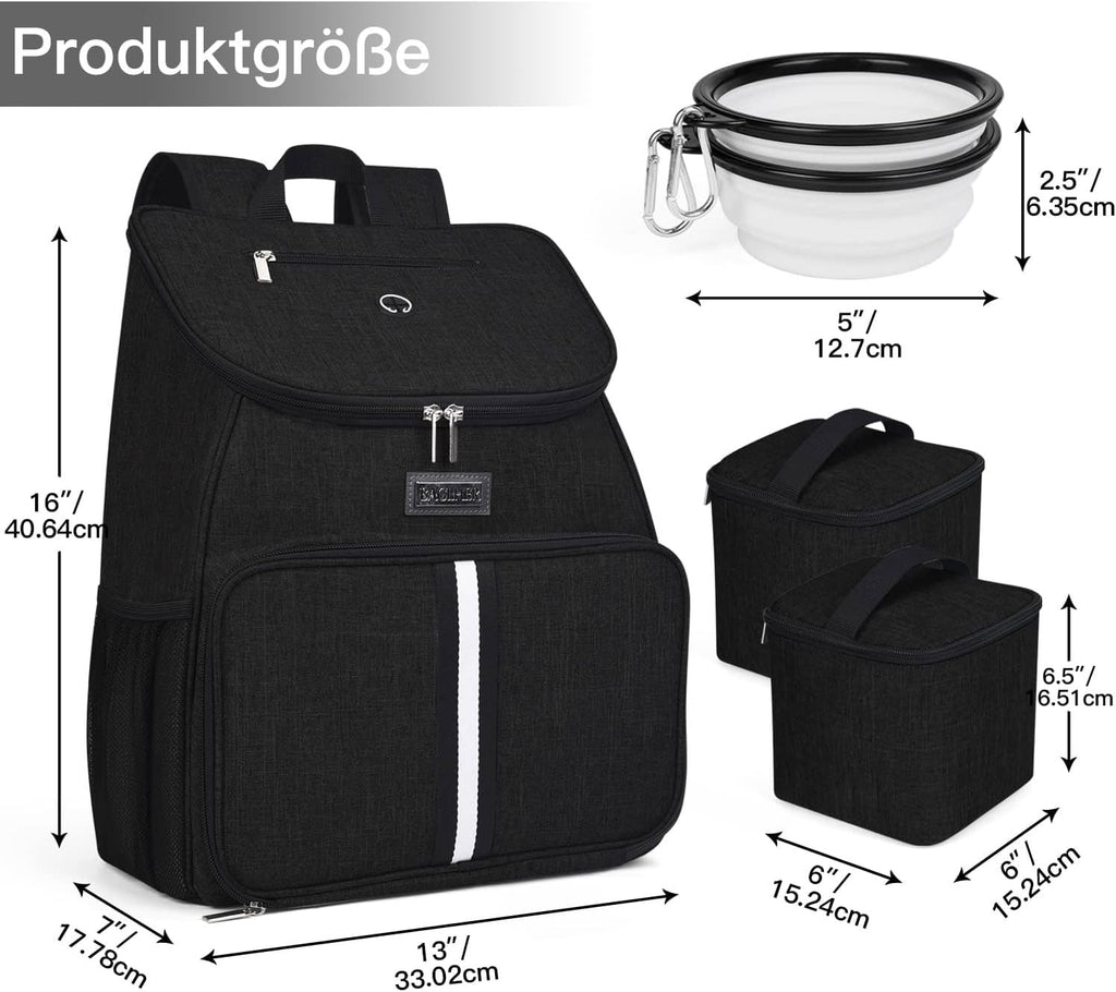 BAGLHER丨Dog Travel Bag, Airline Approved Pet Supplies Backpack, Dog Travel Backpack Accessories Set with 2 Silicone Collapsible Bowls and 2 Food Baskets. Black
