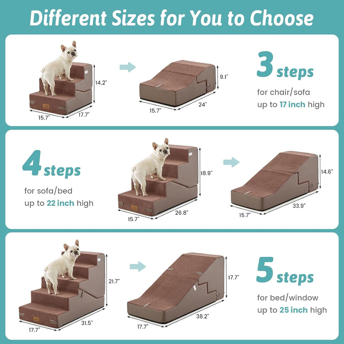 COZY KISS Dog Stairs for Small Dog, 18.9" H, 4 Step pet Step for Bed, Brown