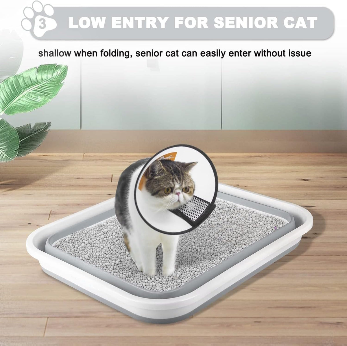 Low Entry Senior Cat Litter Box for Arthritic, Frail and Disabled Cats | Open Foldable Plastic Cat Litter Box Space Saving Corner Design Portable and Easy to Clean Cat Toilet (Grey)