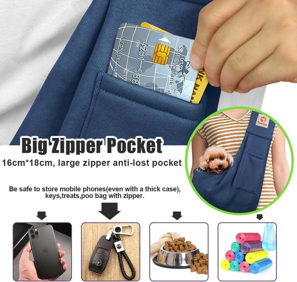 Tomkas Small Dog Cat Sling Carrier Puppy Purse Travel Wrap Soft Crossbody Pet Bag (Dark Blue, M - Classic Pocket & Classic Strap)