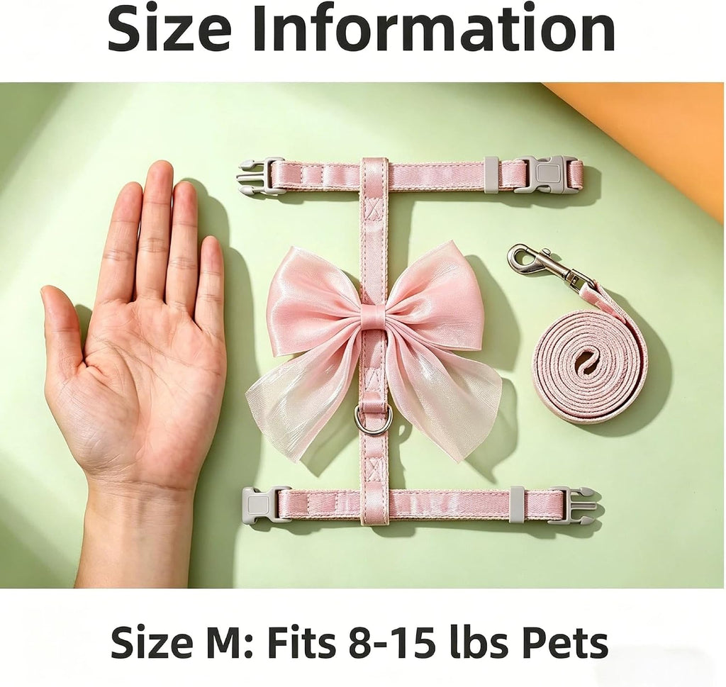 Pink Leash and Bow H-Shaped Design Harness for Small Cats Dogs, Proof Soft Adjustable Vest Easy Control Breathable Harnesses for Small Cats Dogs (M 8-15LBS)