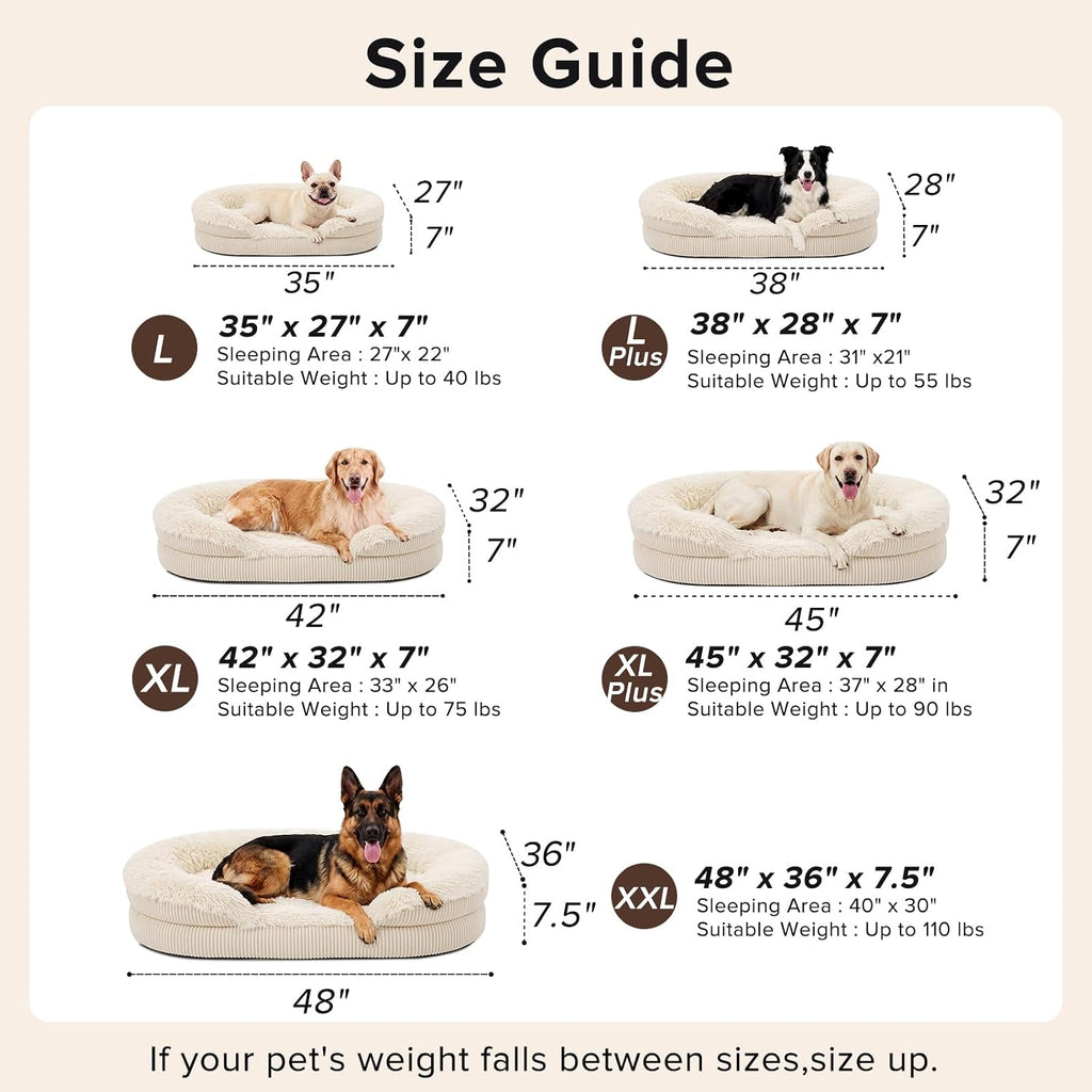 INVENHO Fluffy Orthopedic Dog Beds Large Sized Dog, Jumbo Egg-Crate Foam Bolster Sofa Bed with Washable Removable Waterproof Cover, Fluffy Plush Faux Fur Dog Bed with Non-Skid Bottom