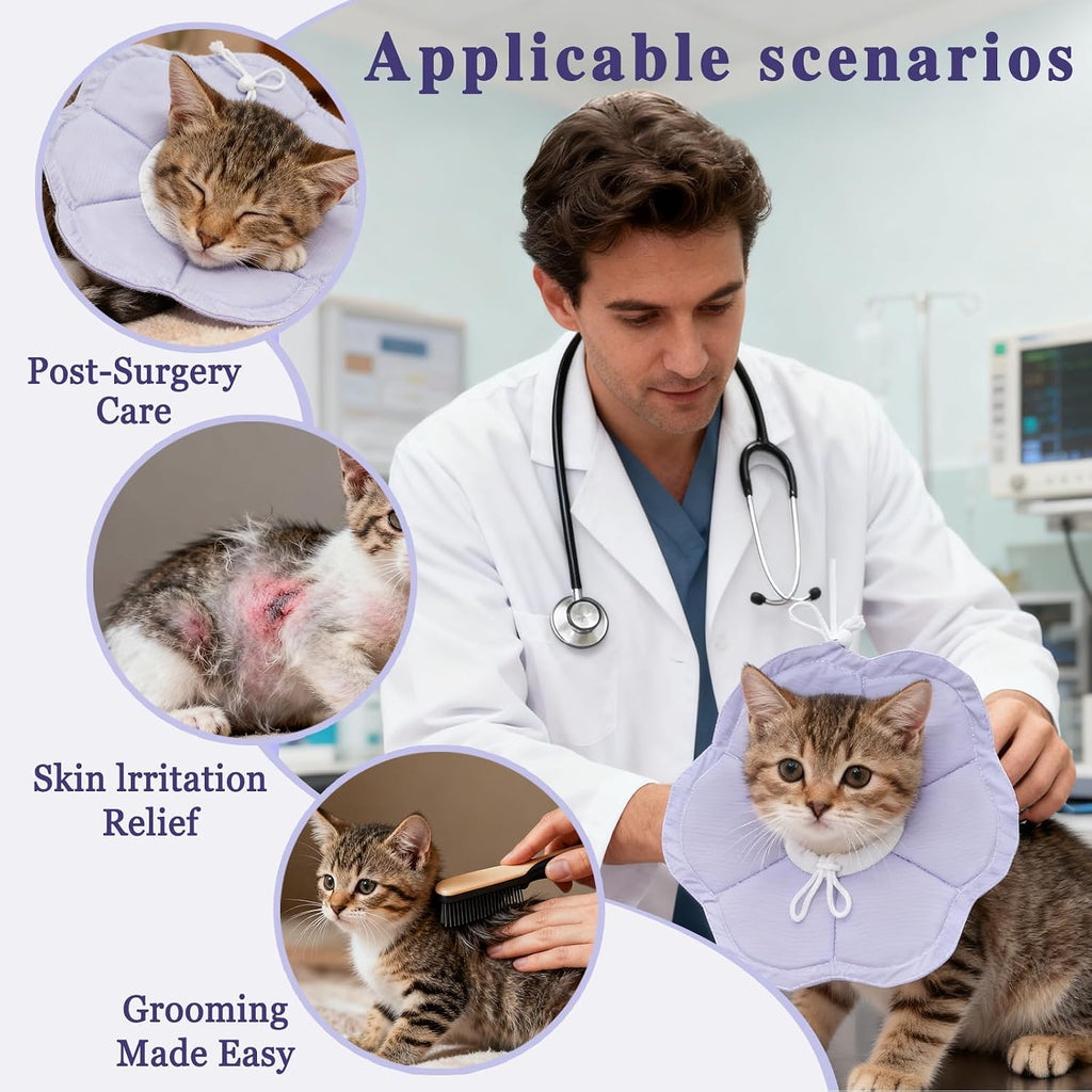 Tensho Flower Soft Cone for Cats, Purple Adjustable Elizabethan Collar (S)