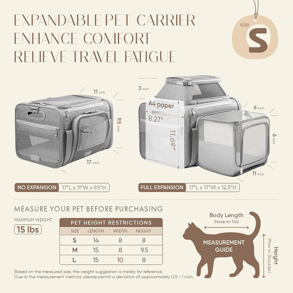 Top-Side Expandable Pet Carrier, Treat Window,17x11x9.5 Airline Approved