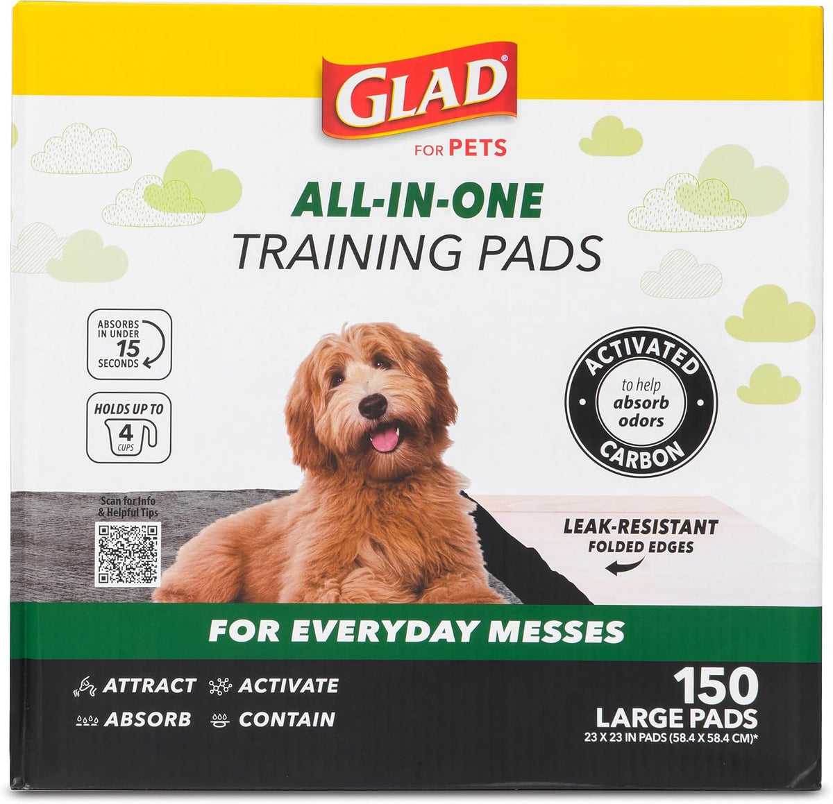 Glad for Pets Black Charcoal Puppy Pads, Large, 150 Count | Super-absorbent, disposable pads for potty training, crate training, and indoor use, 23 x 23 in