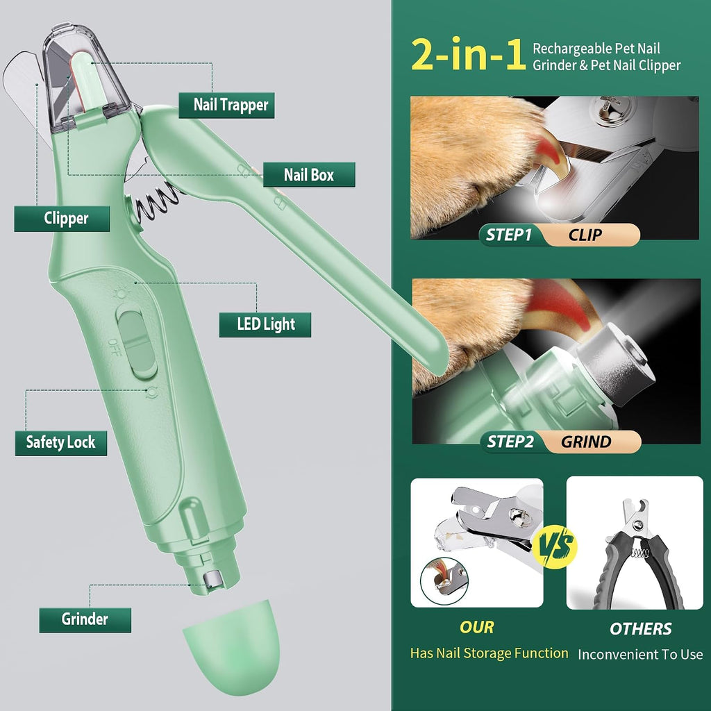 2 in 1 Dog Nail Clippers & Cat Nail Clippers Trimmers for Large Medium Small Dogs Cats Claw Trimmer Quick Sensor and Safety Guard USB Rechargeable Dogs Nail Trimmer with Catcher & 2 LED Lights
