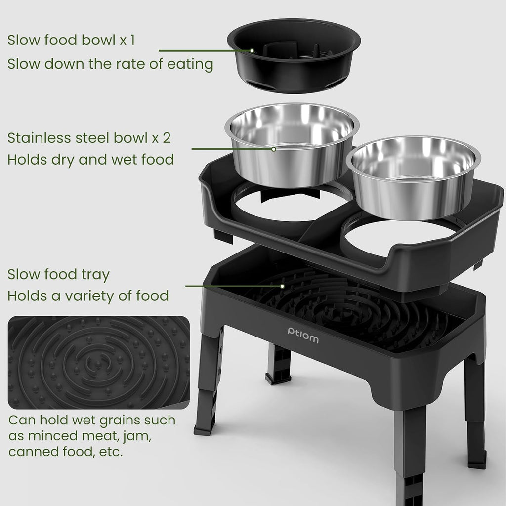 4-in-1 Elevated Slow Feeder Dog Bowls, 4 Height Adjustable Mess Proof Raised Dog Bowl Stand with Licking Plate, 2 Stainless Steel Dog Food Bowl & Slow Feeder for Large Medium Small Dogs Pets
