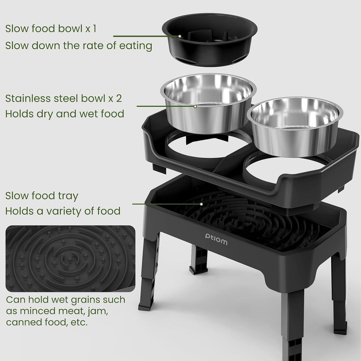 4-in-1 Elevated Slow Feeder Dog Bowls, 4 Height Adjustable Mess Proof Raised Dog Bowl Stand with Licking Plate, 2 Stainless Steel Dog Food Bowl & Slow Feeder for Large Medium Small Dogs Pets