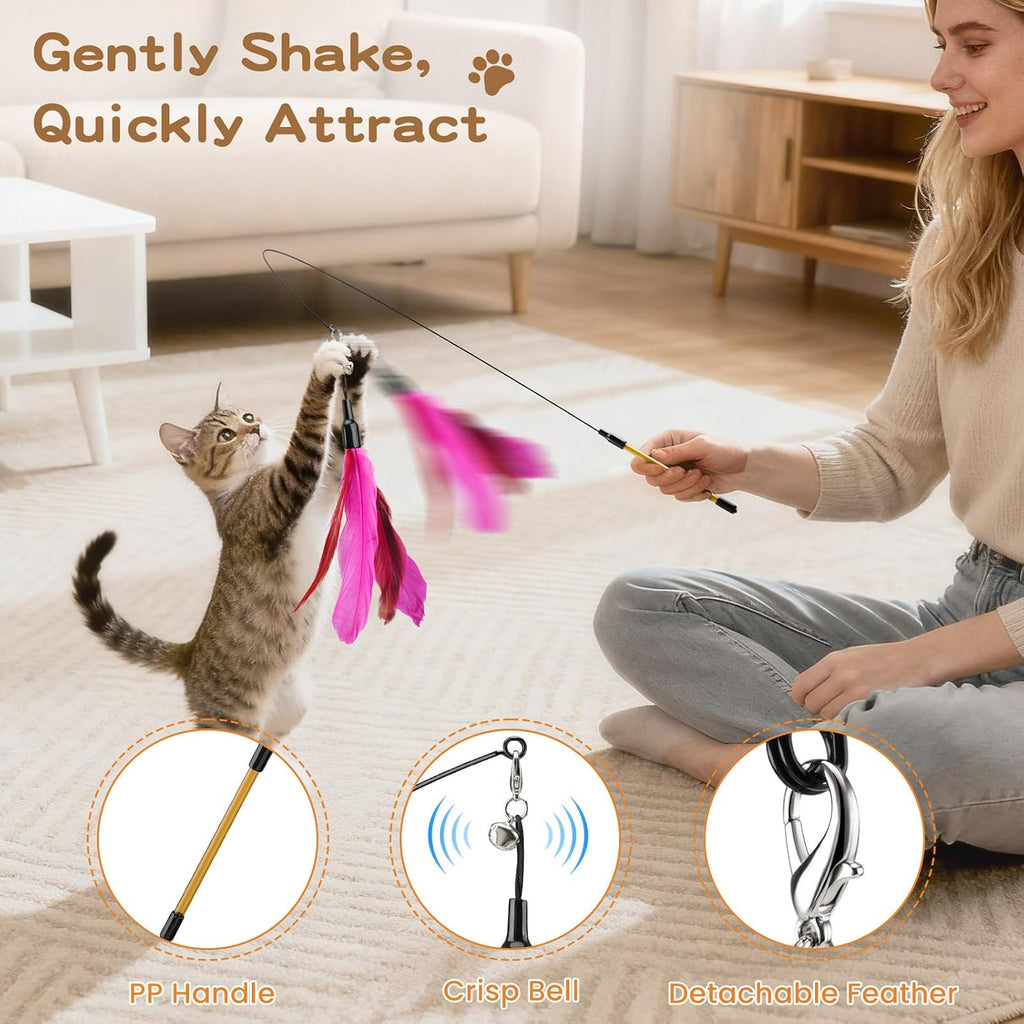 Pawaboo Cat Feather Wand Interactive Toy, 10 Feathers + 1 Wand with Bell | Cat Feather Teaser Toys Flying Catcher Extra Long 34.5" Wand Exerciser Playing Cat Toy Wands for Kitten, Multi-Color Blend