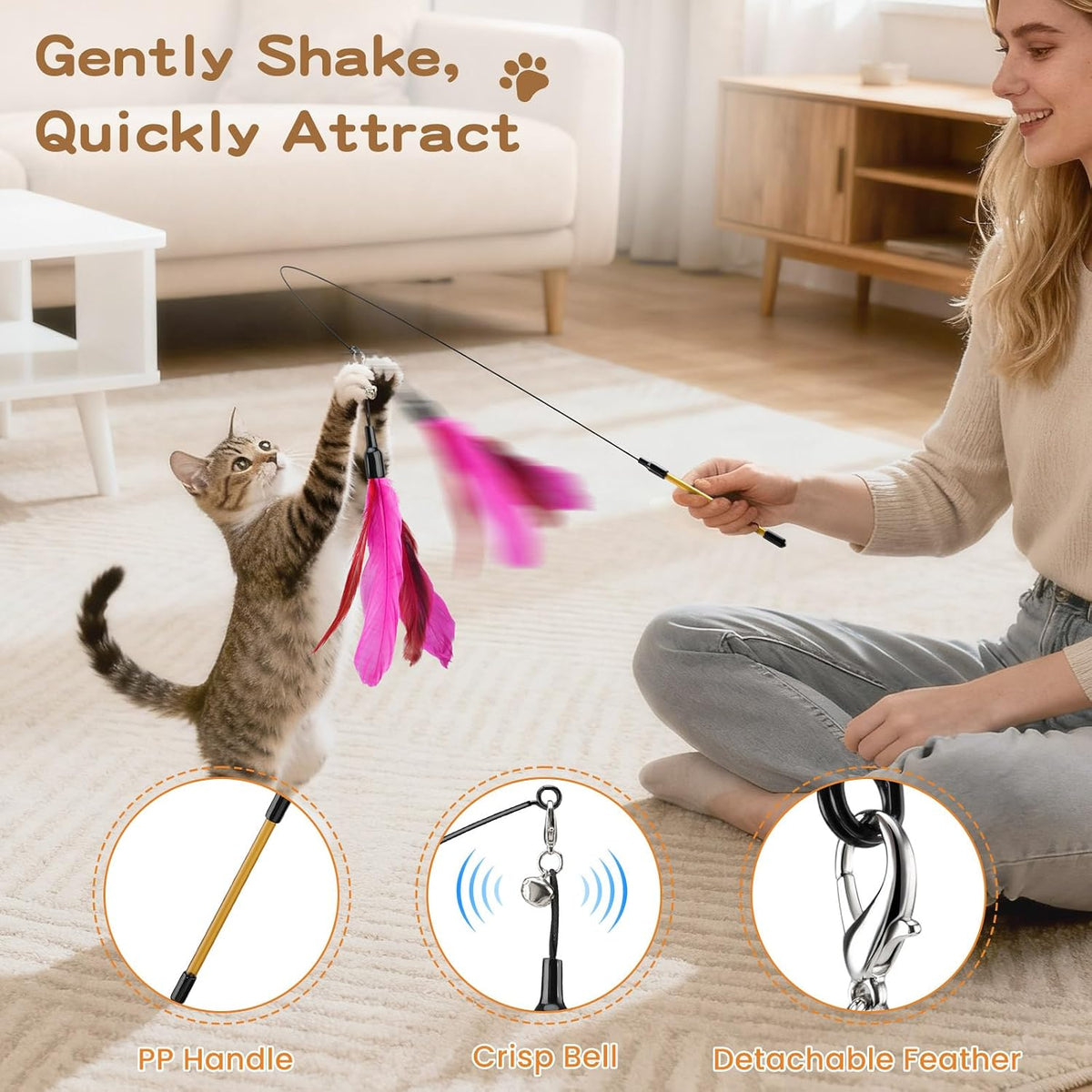 Pawaboo Cat Feather Wand Interactive Toy, 10 Feathers + 1 Wand with Bell | Cat Feather Teaser Toys Flying Catcher Extra Long 34.5" Wand Exerciser Playing Cat Toy Wands for Kitten, Multi-Color Blend