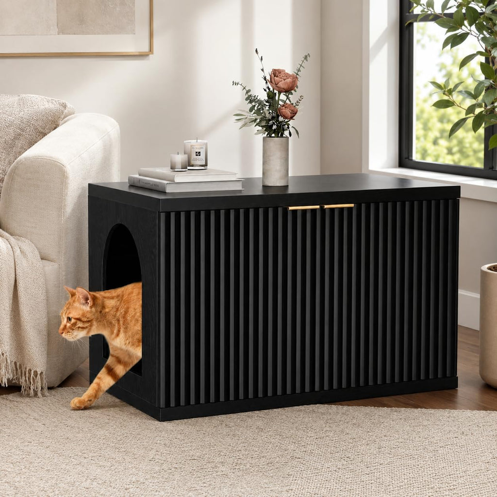 Homhedy Cat Litter Box Enclosure,Modern Fluted Accent,Black