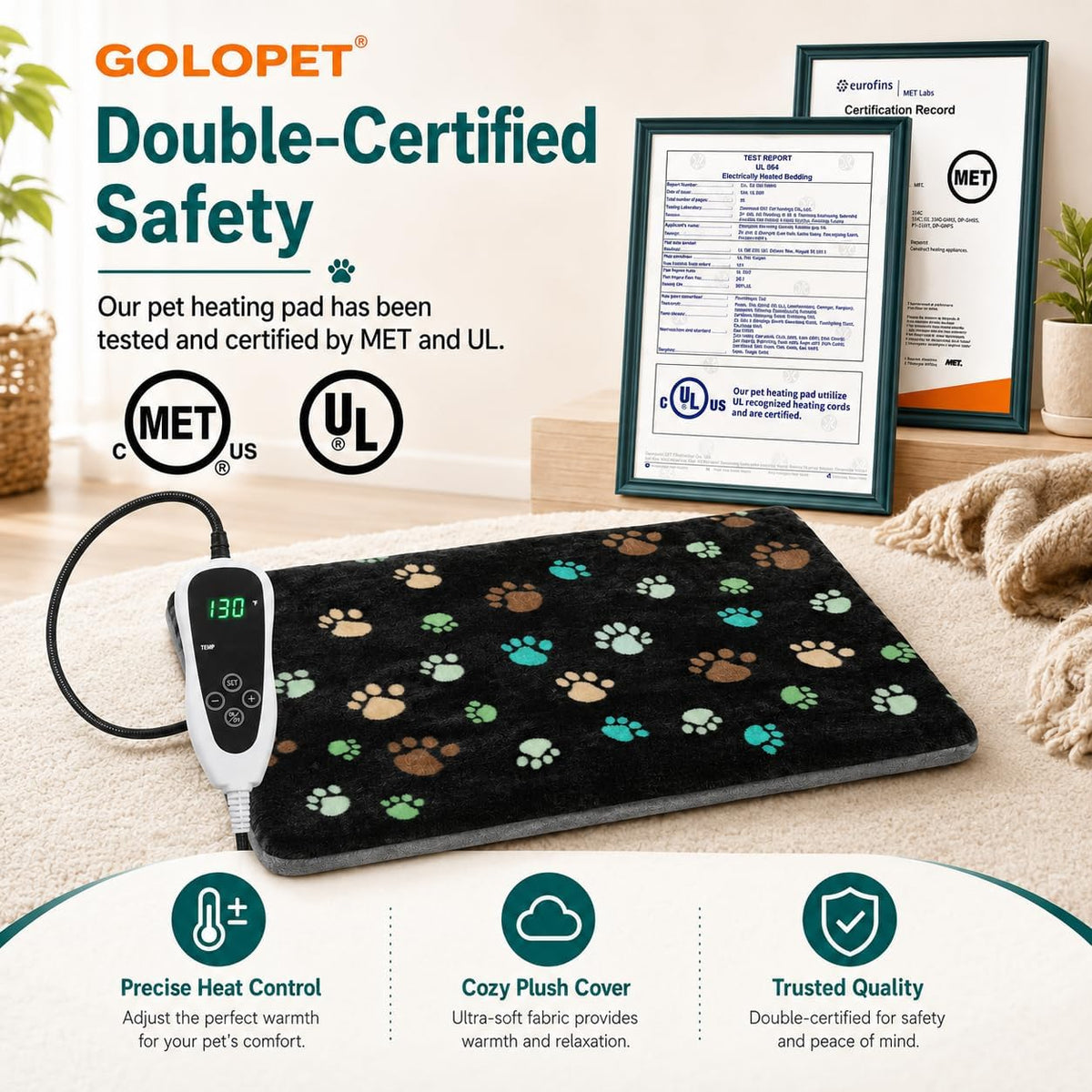 GOLOPET Cat Heating Pad Round-16x16 in UL/MET Dual Security Certification