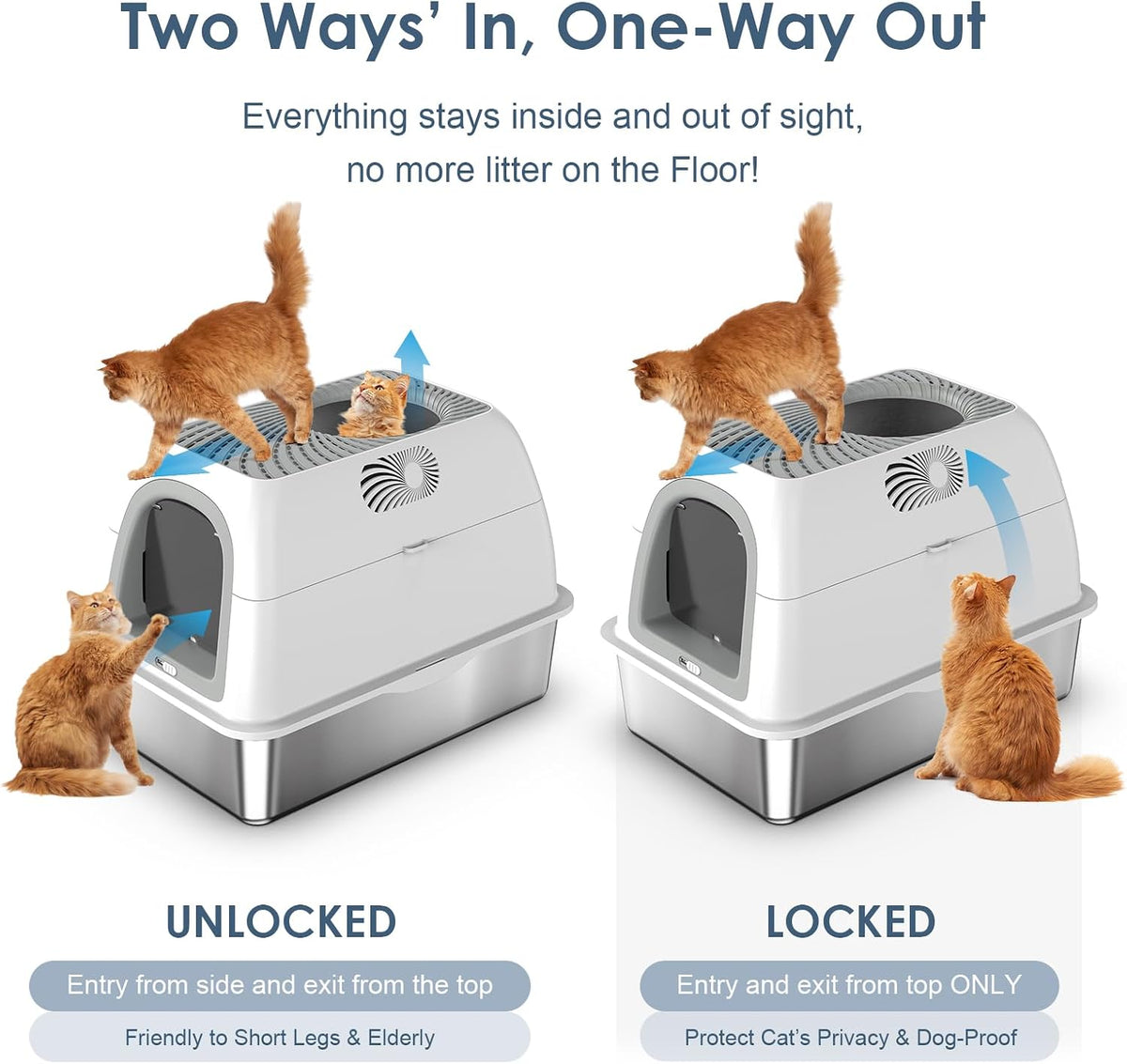 SuzziPaws Stainless Steel Litter Box Top-Entry Dog-Proof for Multi-Cats | XL Grey Hooded Lid with Filter & Scoop, Anti-Leakage Enclosed High-Sided Metal Pan for Low-Tracking & Easy Cleaning