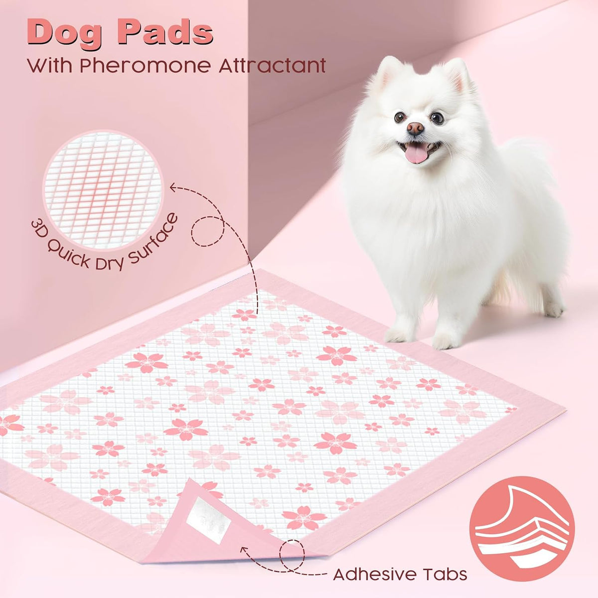 MIZOK Pink Puppy Pads with Adhesive Tabs Wee Wee Pads for Dogs 22x22in 30Ct | Cute Cherry Blossom Designs Feature Pheromone Attractant for Fast Training Small Dog Potty Pads Ideal for Female Puppy Needs