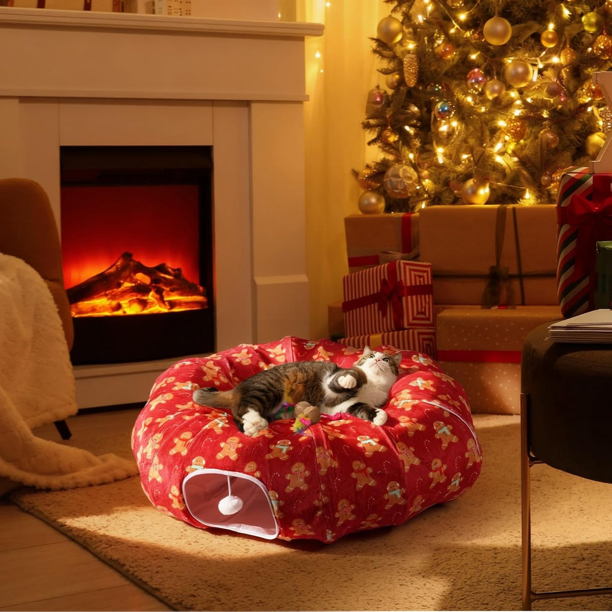 Cinnvoice Christmas Cat Tunnel Bed Fluffy Circular Dog Bed for Christmas Tree Warm Gingerbread Man Cat Cave with Hanging Ball Big Tube Playground Pet Toys for Indoor Kitten Puppy Rabbit Ferret