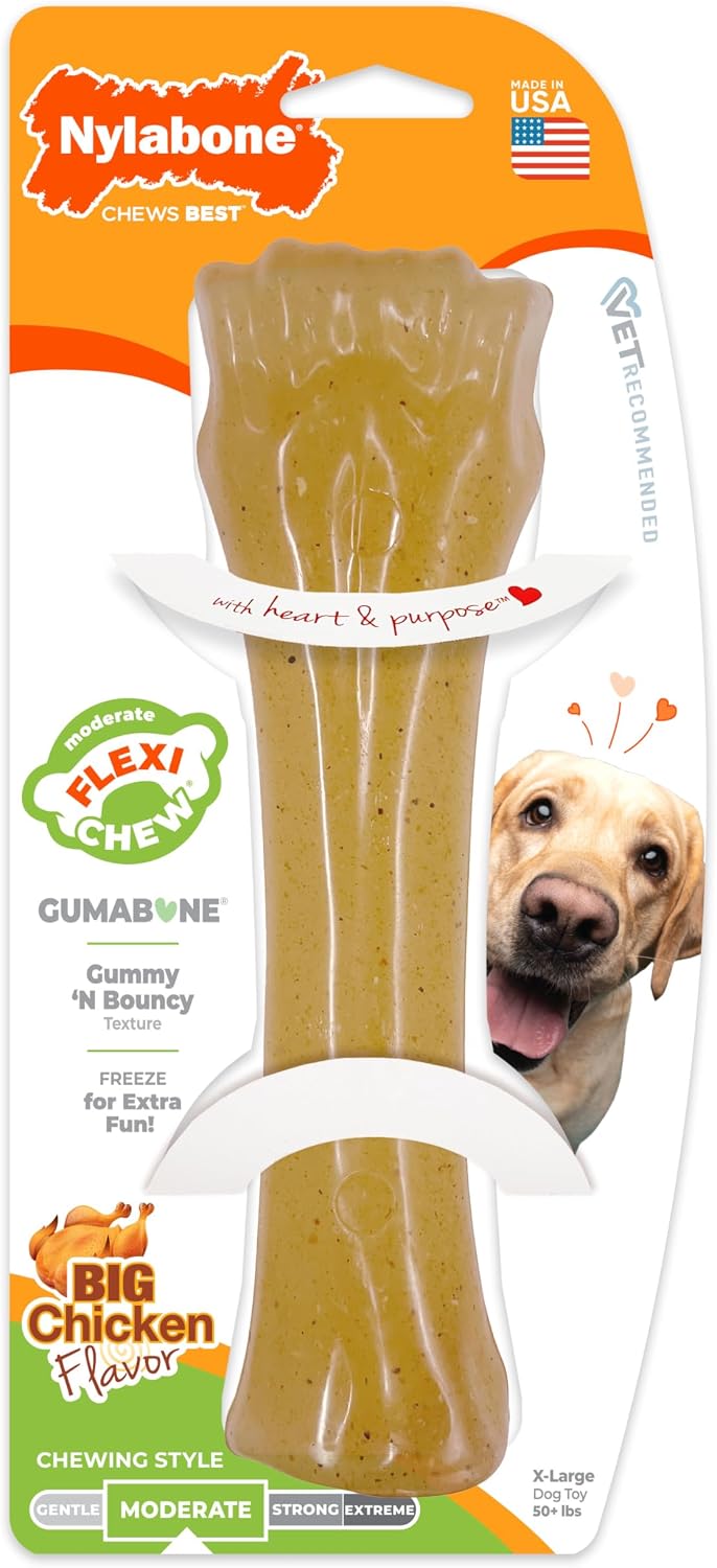 Nylabone Flexi Chew Gumabone Dog Chew Toy, Chicken Flavor, X-Large | Flexible material, gentle on teeth, x-large breeds, freezable, bouncy, great for seniors, for dogs 50+ lbs