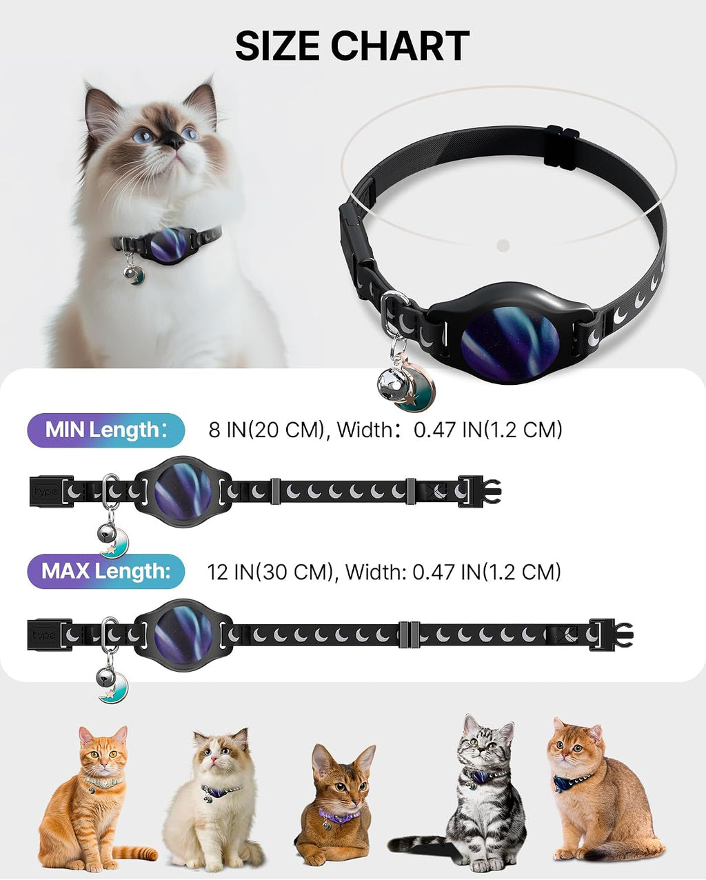 typecase Reflective Breakaway Cat Collar with AirTag Holder, Black/Blue