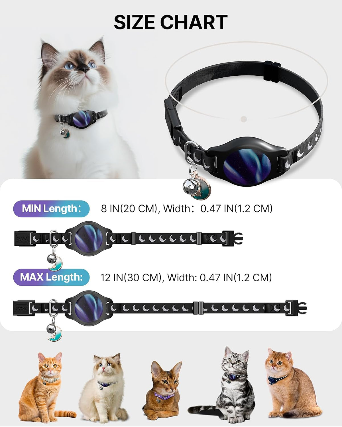 typecase Reflective Breakaway Cat Collar with AirTag Holder, Black/Blue