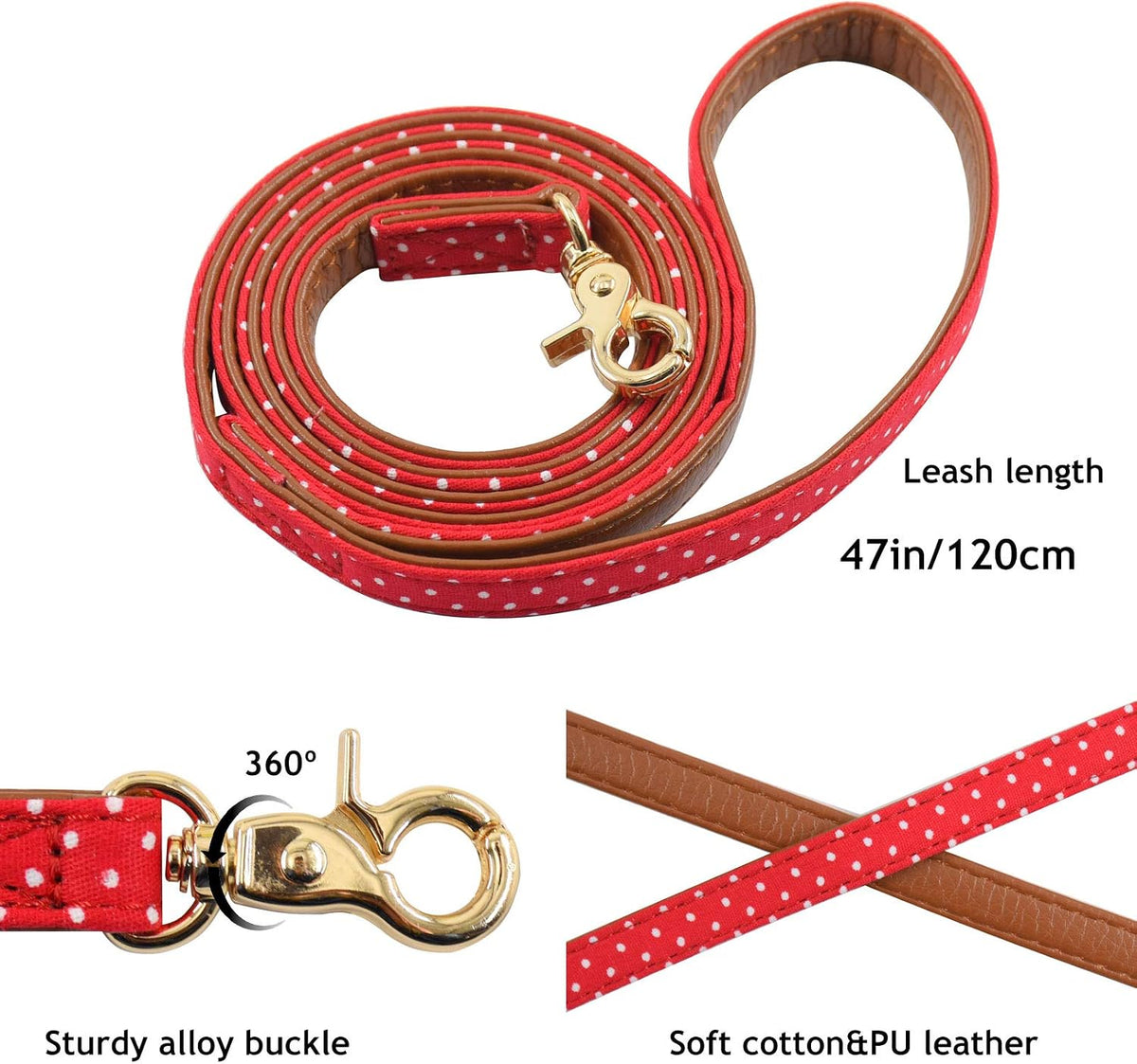 3PCS Bow Tie Dog Collar and Leash Set Plaid/Camo/Dots/Flower Dog Bandanas with Bell 3 Size Adjustable for Small Dogs Puppies and Cats (M, Red Dots)