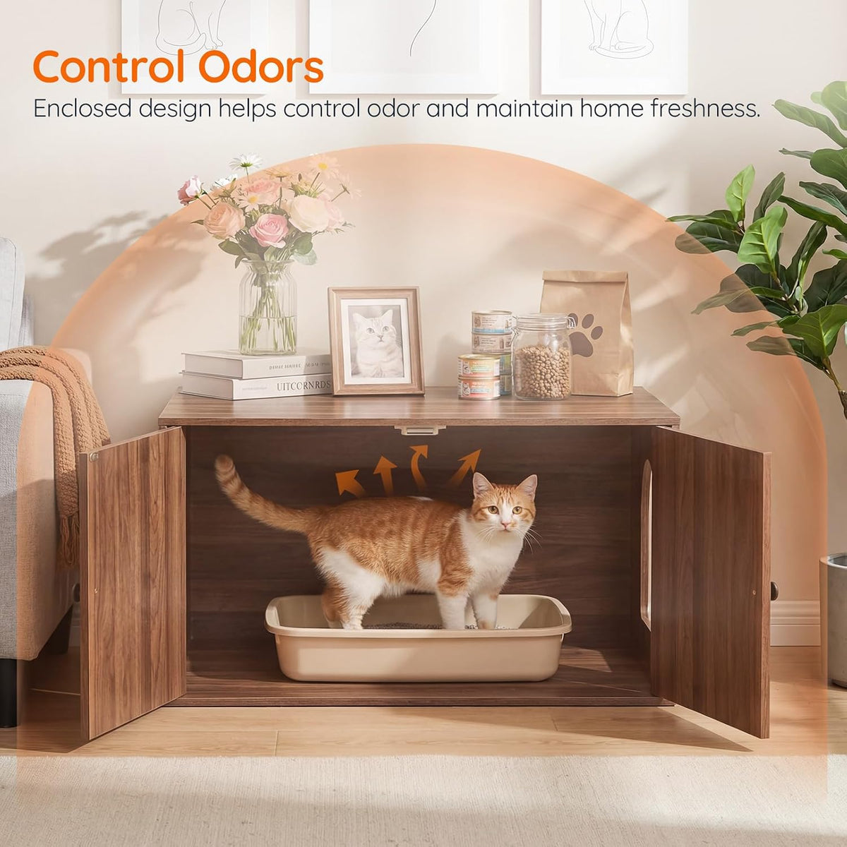 HOOBRO Cat Litter Box Enclosure, Hidden Litter Box Furniture with Side Entry, Litter Box Cabinet, Indoor Cat House, End Side Table, 31.5"L x 17.7"W x 16.3"H, for Living Room, Bathroom, Walnut WL40MW01