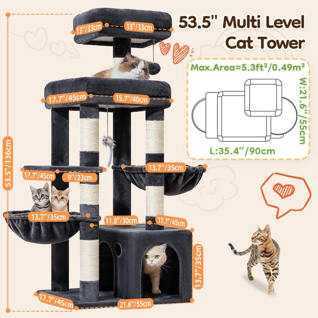 Taoqimiao 53.5in Cat Tree, Heavy Duty Sturdy Cat Tower for Indoor Cats S20G