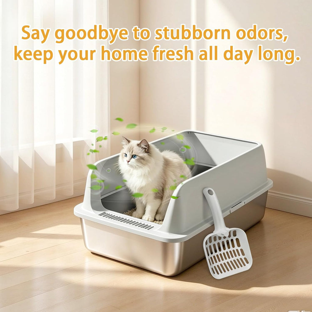 Stainless Steel Cat Litter Box, 2-Piece XL Enclosed Litter Box, Anti-Splash & Leak-Proof Metal Litter Box, Safe Arc Edge Odor Control Design with Scoop for Indoor Multi-Cat Use