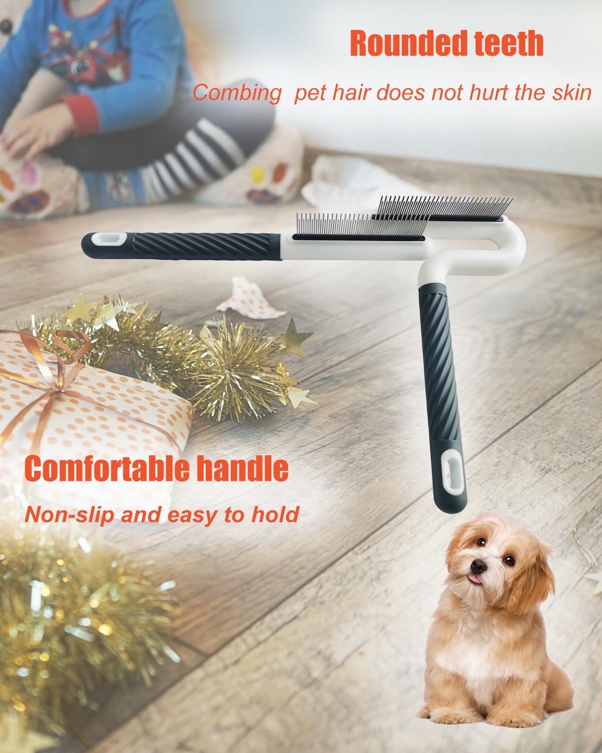 2 PCS Pet Comb with Long & Short Stainless Steel Teeth,Flea and Tick Comb for Dogs & Cats,Pet Grooming Brush for Short&Long Hair,2 different shapes with Rubber Handle
