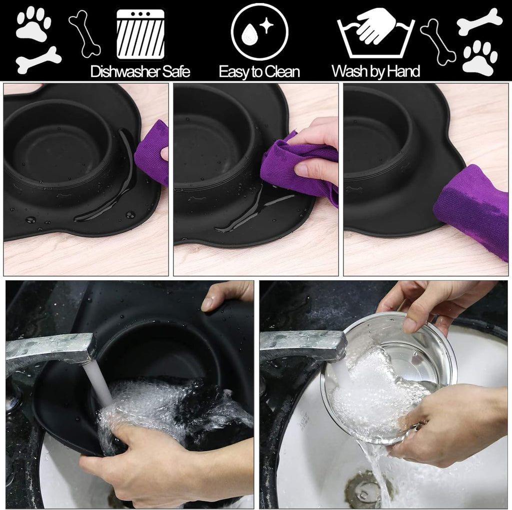 AsFrost Dog Food Bowls Stainless Steel Pet Bowls & Dog Water Bowls No Spill Non Skid, Feeding Bowls with Dog Bowls Silicone Mat for Small Medium Large Size Dogs, Cat Pet Dog Dishes Set, Black, 3 Cup 