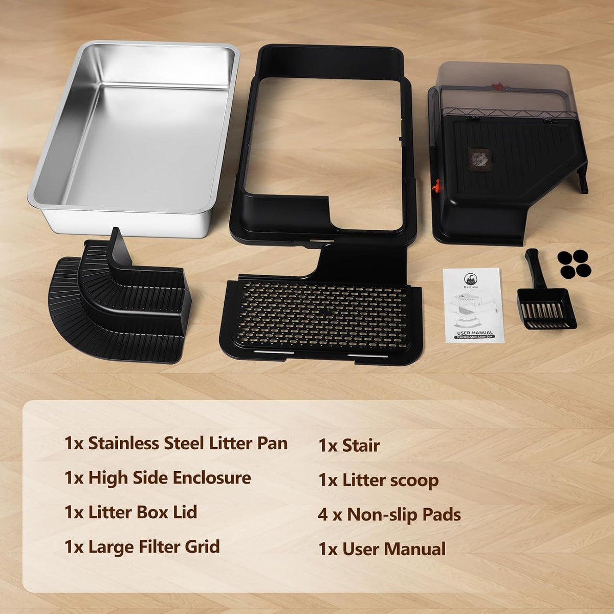 XXXL Stainless Steel Litter Box 28"x20"x18" Enclosed Cat Litter Box, Black | Extra Large Metal Litter Box Tray with High Side, Filtered Grid, Cat Step, Litter Scoop, Non-Odor, Non-Sticky, Easy Cleaning
