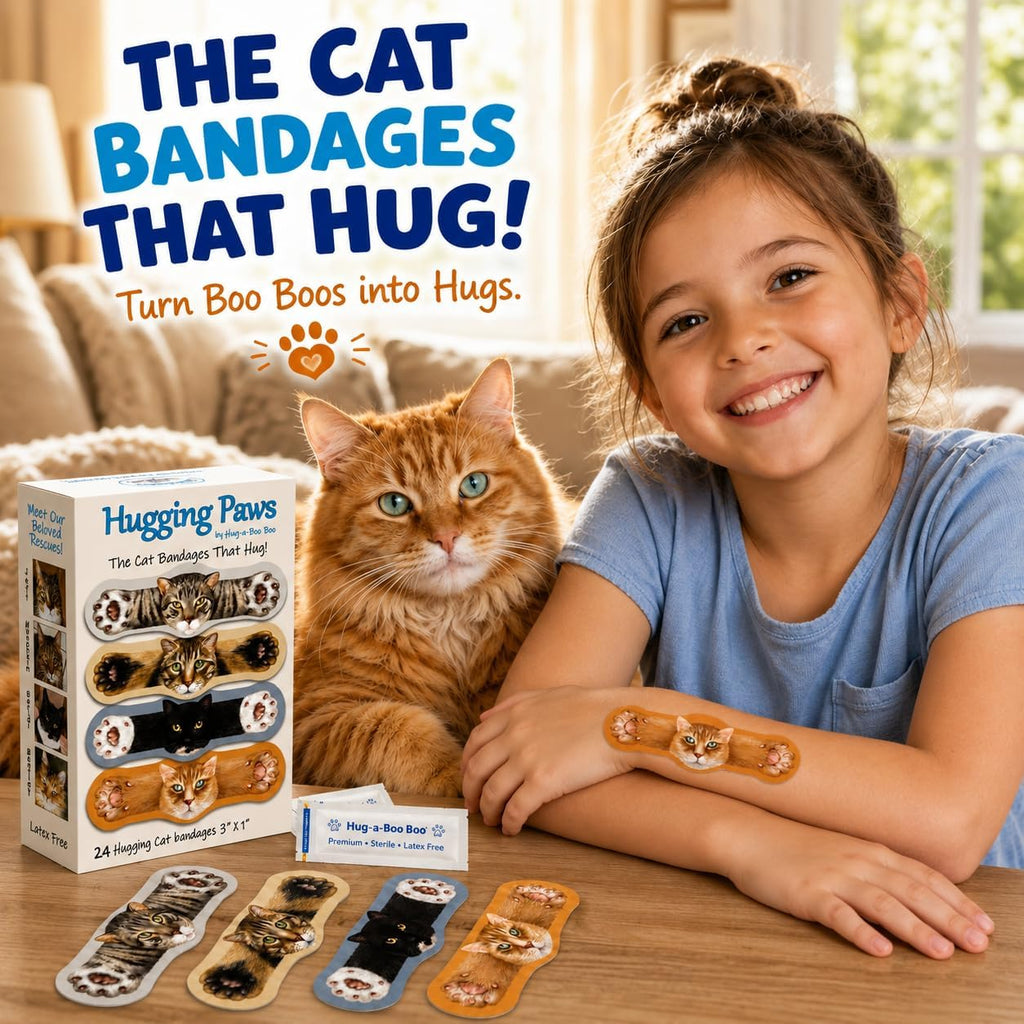 Hugging Paws – Cat Themed Bandages from Hug-a-BooBoo, The Friendly Kitty Bandages that Hug! Beautiful Wound Coverings Feature Paintings of Actual Rescue Cats! Great Cat Lover Gift! 24 Count Box