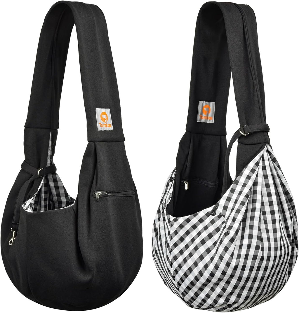 Tomkas Small Dog Cat Sling Carrier Puppy Purse Travel Wrap Soft Crossbody Pet Bag (Black, M - Zip Pocket & Classic Strap)