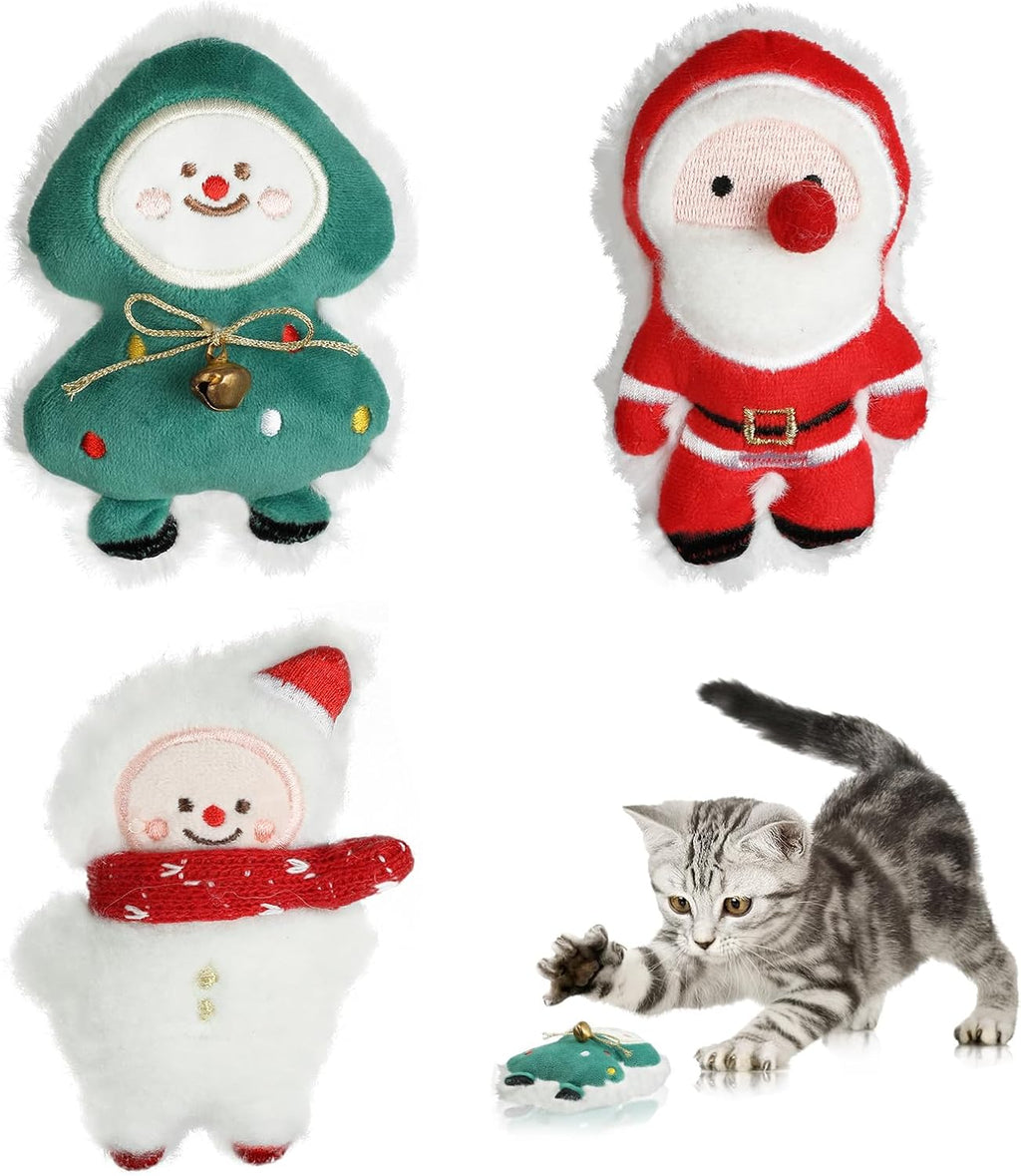 FOIMAS 3pcs Christmas Catnip Toys,Xmas Cat Toys Plush Santa Claus Snowman Tree Interactive Chew Bite Toys for Cat Kitten Indoor