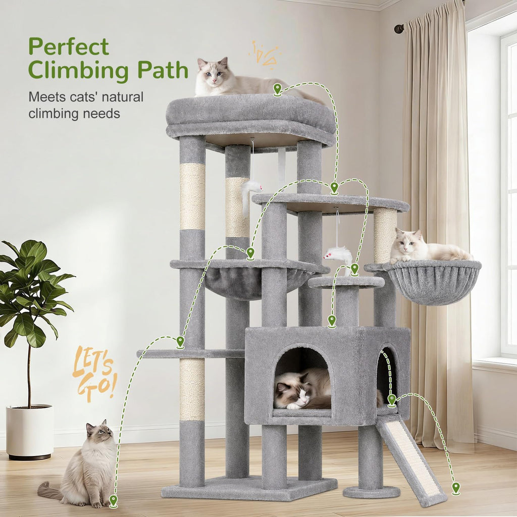 Globlazer S51 Sturdy Cat Tree Tower with Scratching Posts, Light Grey