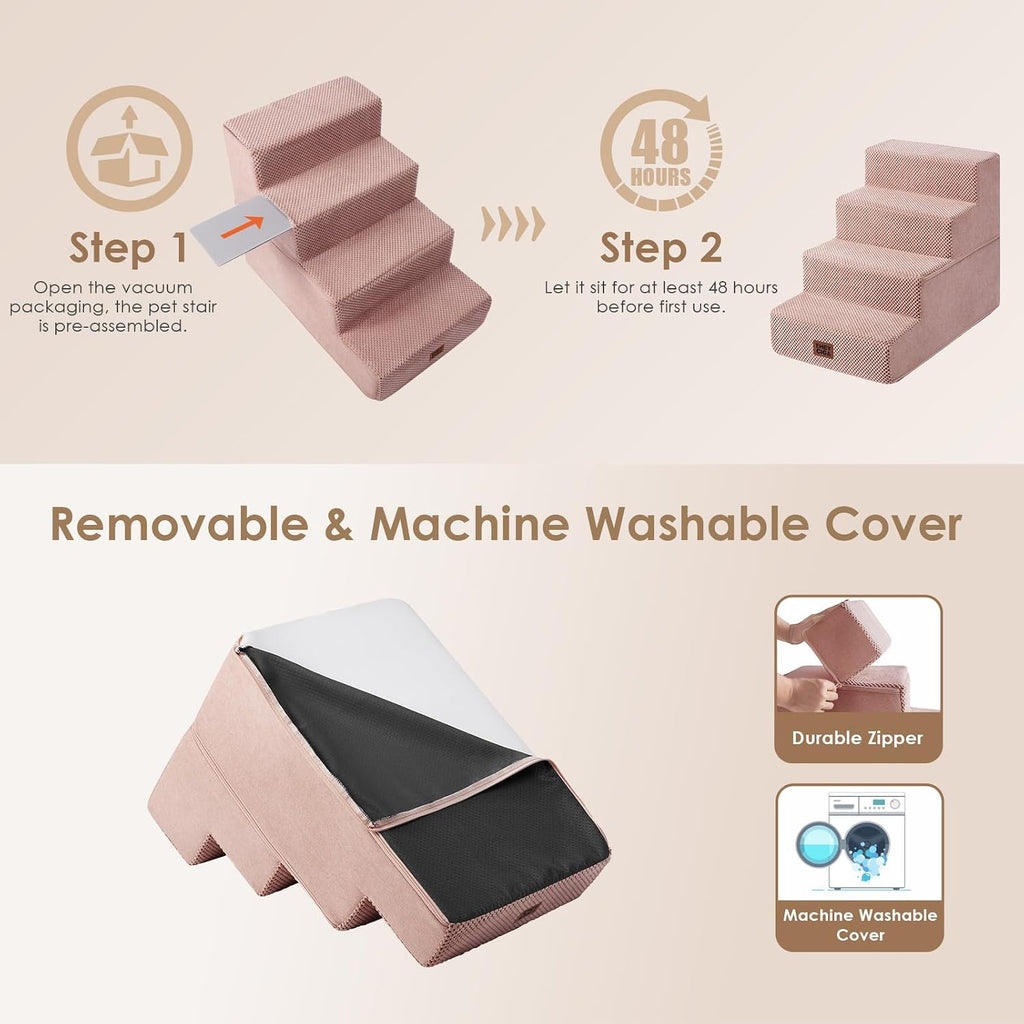 EHEYCIGA Dog Stairs for Small Dogs 13.5" H, 3-Step Dog Steps for Cats, Pink