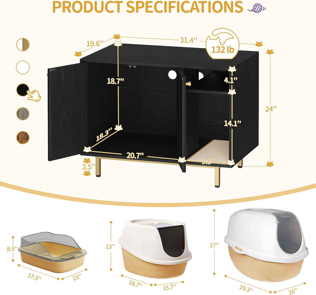 Hzuaneri Cat Litter Box Enclosure, Hidden Litter Box Furniture with Storage | Large Wooden Cabinet with Sisal Mat, Modern Cat Washroom for Living Room, Bedroom, Entryway, Black and Gold CB01504G
