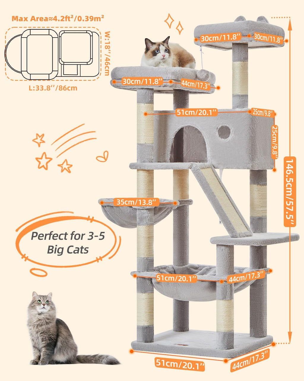 Taoqimiao Sturdy Cat Tree, 58In Cat Tower for Indoor Cats Large Adult