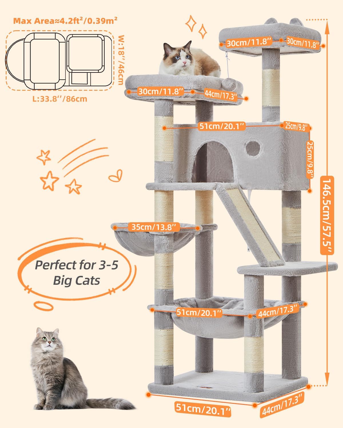 Taoqimiao Sturdy Cat Tree, 58In Cat Tower for Indoor Cats Large Adult