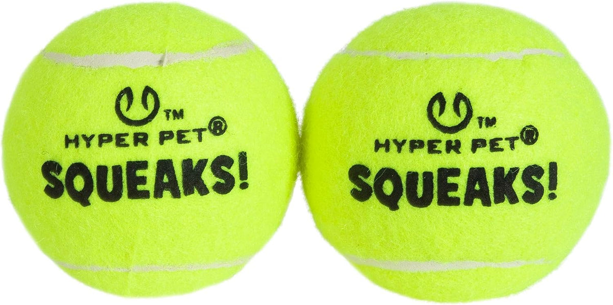 Hyper Pet Squeaks! Tennis Balls Dog Fetch Toys, Medium 2.5 Inch, Pack of 2 | Durable lightweight high bounce design with sound effects, made for training, suits pups 20-60 lbs, interactive play daily