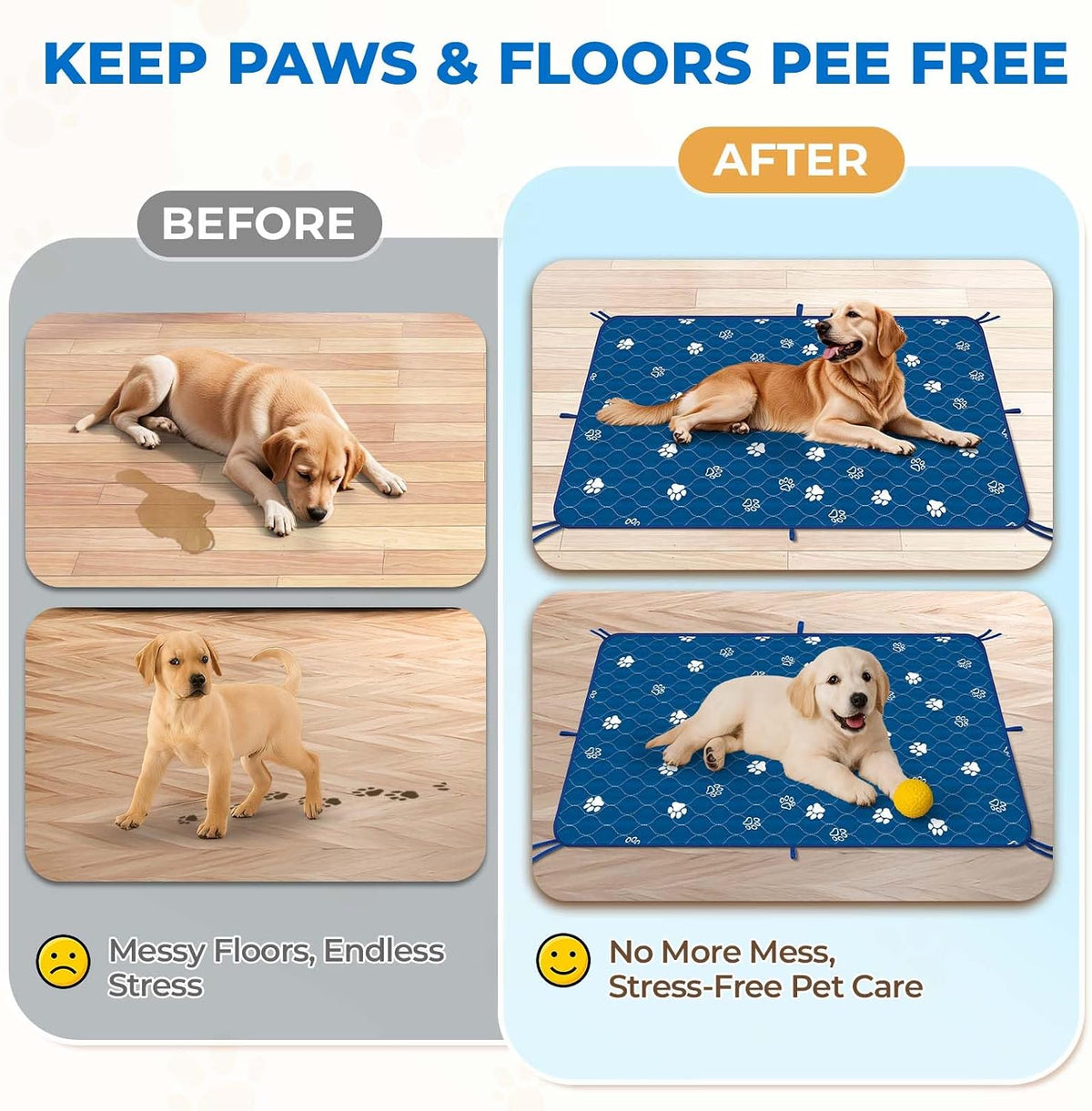 Fostanfly Washable Pee Pads for Dogs, Ultra-Absorbent, 2 Pack 36"x41" Blue | Leak-Proof, Waterproof, Non-Slip, Large Reusable Pee Pads for Puppy Potty Training, Crate and Playpen with 8 Tie Straps