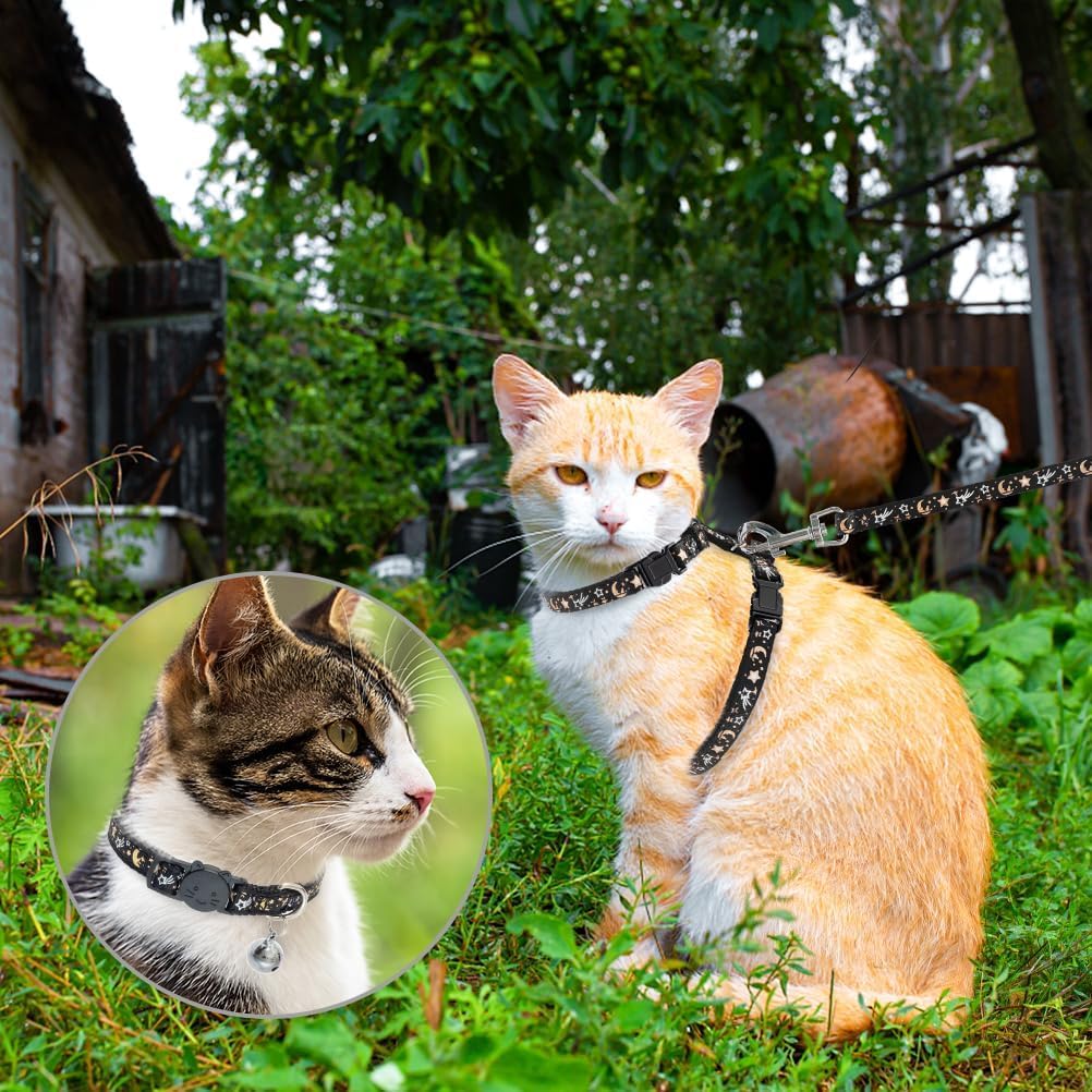 PAWCHIE Cat Harness with Leash and Collar Set - Escape Proof Adjustable H-shped Cat Harness with Star and Moon Pattern Glow in The Dark for Kitty Outdoor Walking