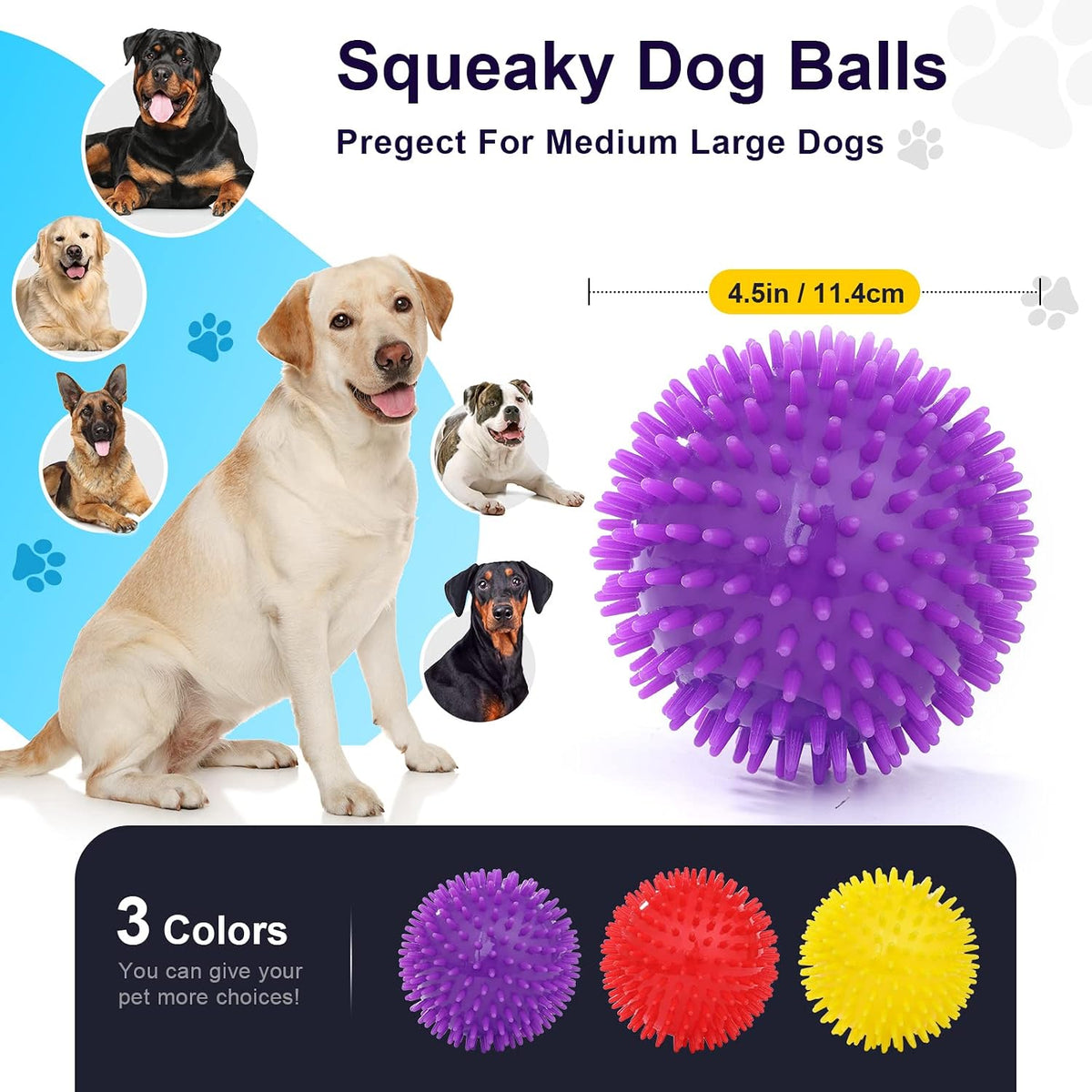 VITEVER 3 Colors 4.5” Heavy Duty Squeaky Dog Toy Balls for Medium Large Dogs, Dog Chew Toys for Teething, Spiky Balls for Aggressive Chewers, Durable Toys for Teeth Cleaning and Training