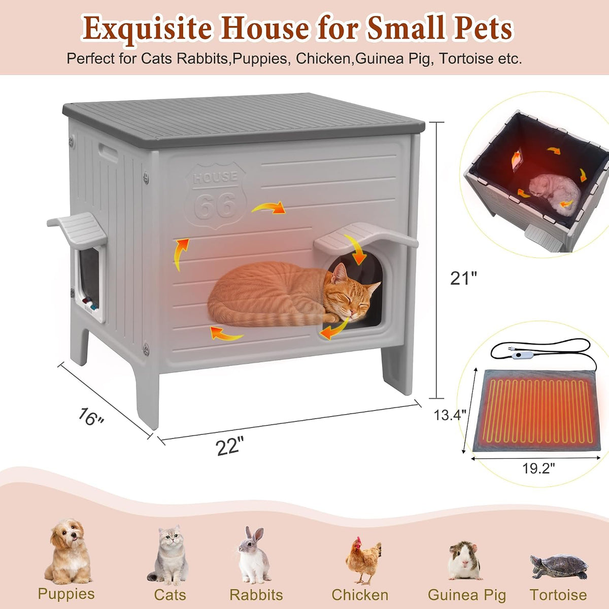 Deblue Heated Cat House for Outside with Insulated Foam for Outdoor Cats,Plastic Weatherproof Insulated cat House, Cat Shelter for Feral Cats
