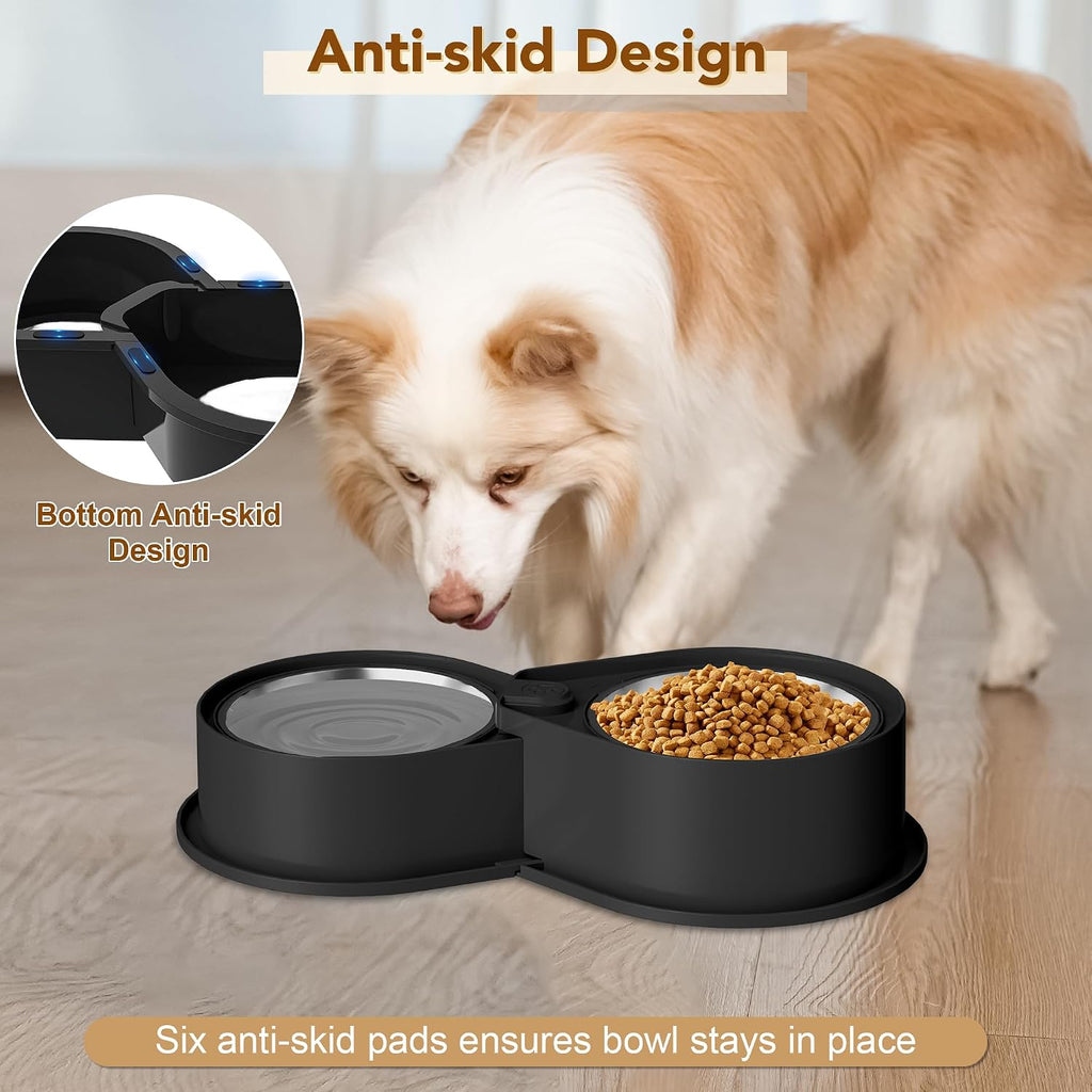 Newget 304 Stainless Steel Dog Bowl Set, 24oz Foldable Pet Dishes, Black | Dual Food & Water Pet Bowl, Anti-Skid, Keeps Food Fresh, Easy to Install, for Small - Large Dogs/Cats - Indoor & Outdoor Use