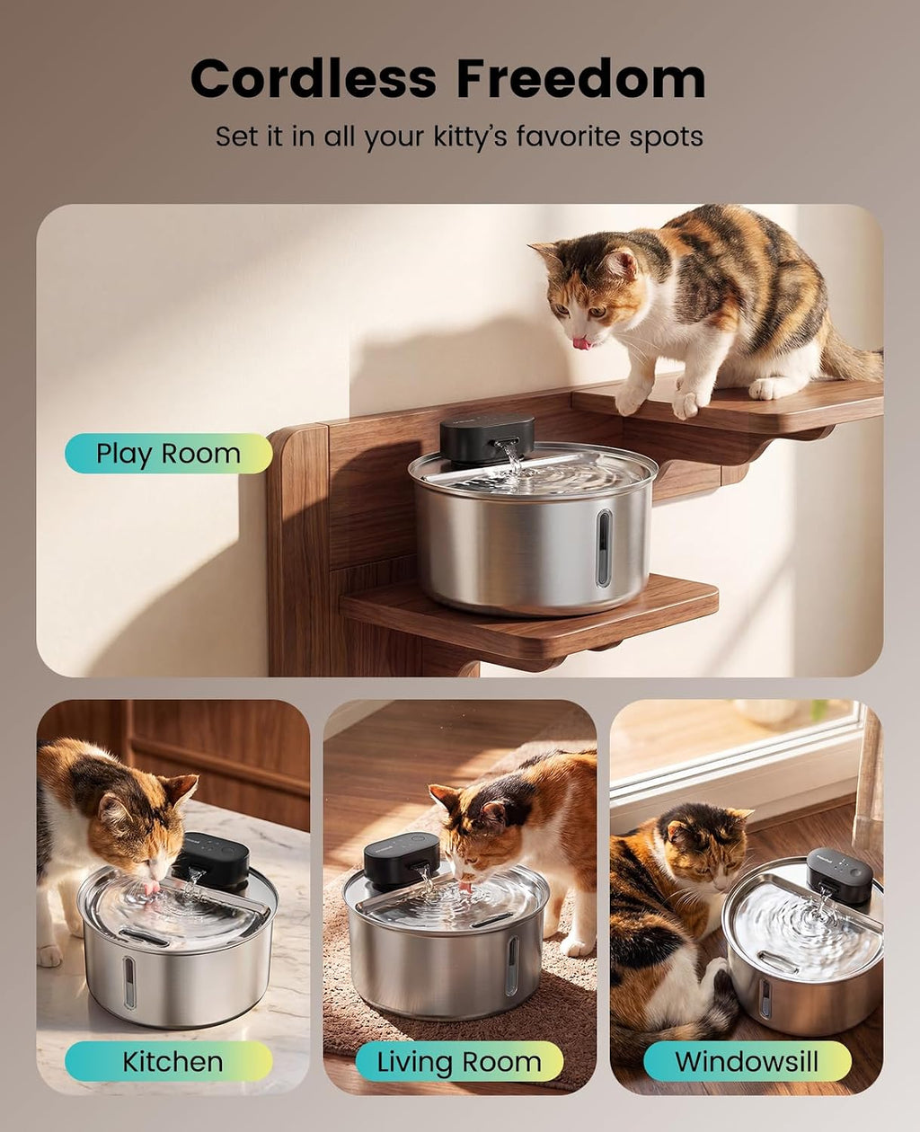 oneisall 108oz/3.2L Wireless Stainless Steel Cat Water Fountain