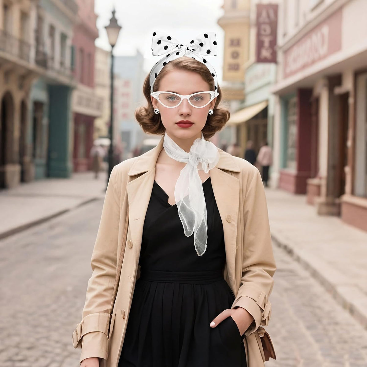 50s Set 50's Costume Accessories Chiffon Scarf Cat Eye Glasses Bandana Tie Headband Earrings for Cosplay Party