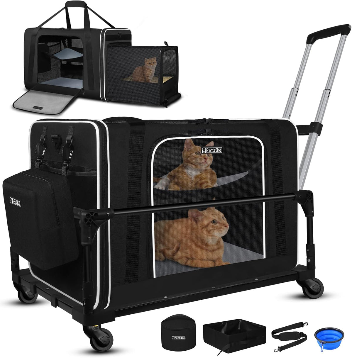 Petskd Side Expandable Extra Large Cat Carrier with Litter Box and Wheels