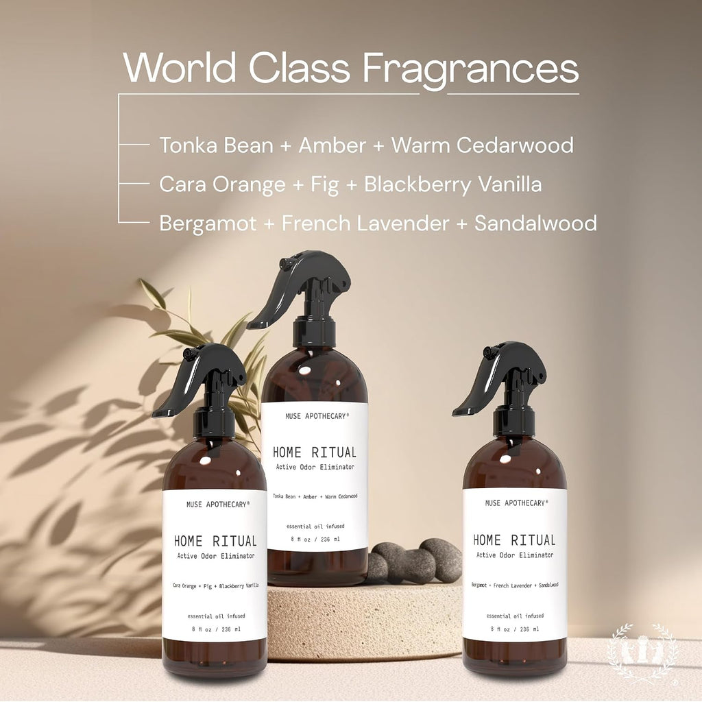 Muse Apothecary Home Ritual Active Odor Eliminator Spray - Furniture Deodorizer Spray & Bathroom Odor Eliminator for Home - Essential Oil Air Freshener - 8oz, Tonka Bean + Amber + Warm Cedarwood