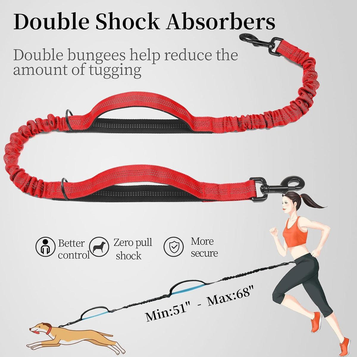 iYoShop Hands Free Dog Leash with Zipper Pouch, Large, 25-120 lbs, Red